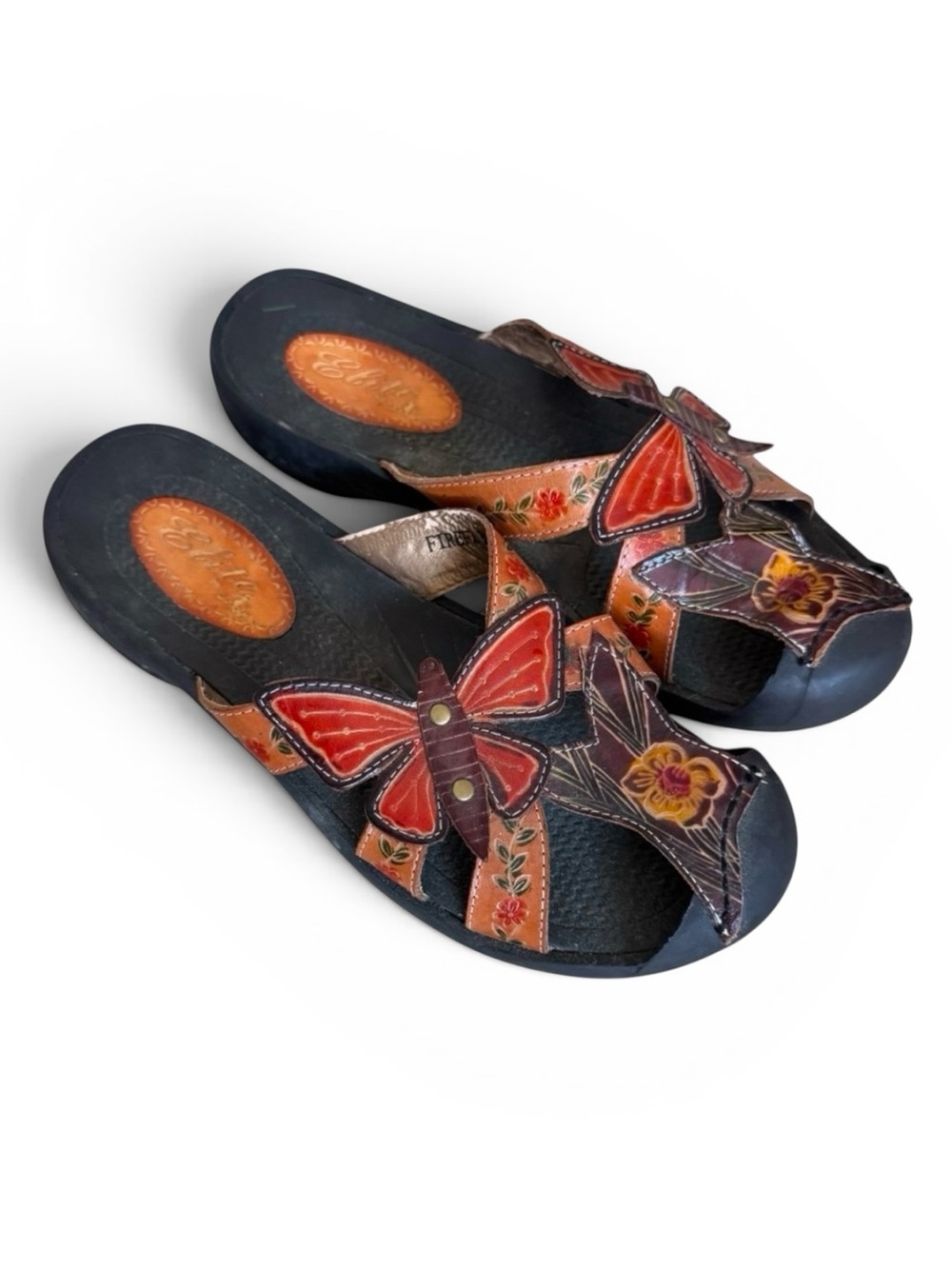 Elite by Corkys Leather Butterfly Floral Slide Sandals Boho Shoes Black Multi 8
